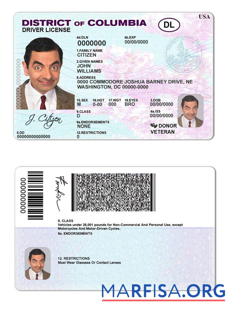 Printable USA District of Columbia driving license sample